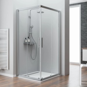 Schulte Eckeinstieg II Duschkabine 80x80 cm mit klarem Echtglas und Chromprofilen.