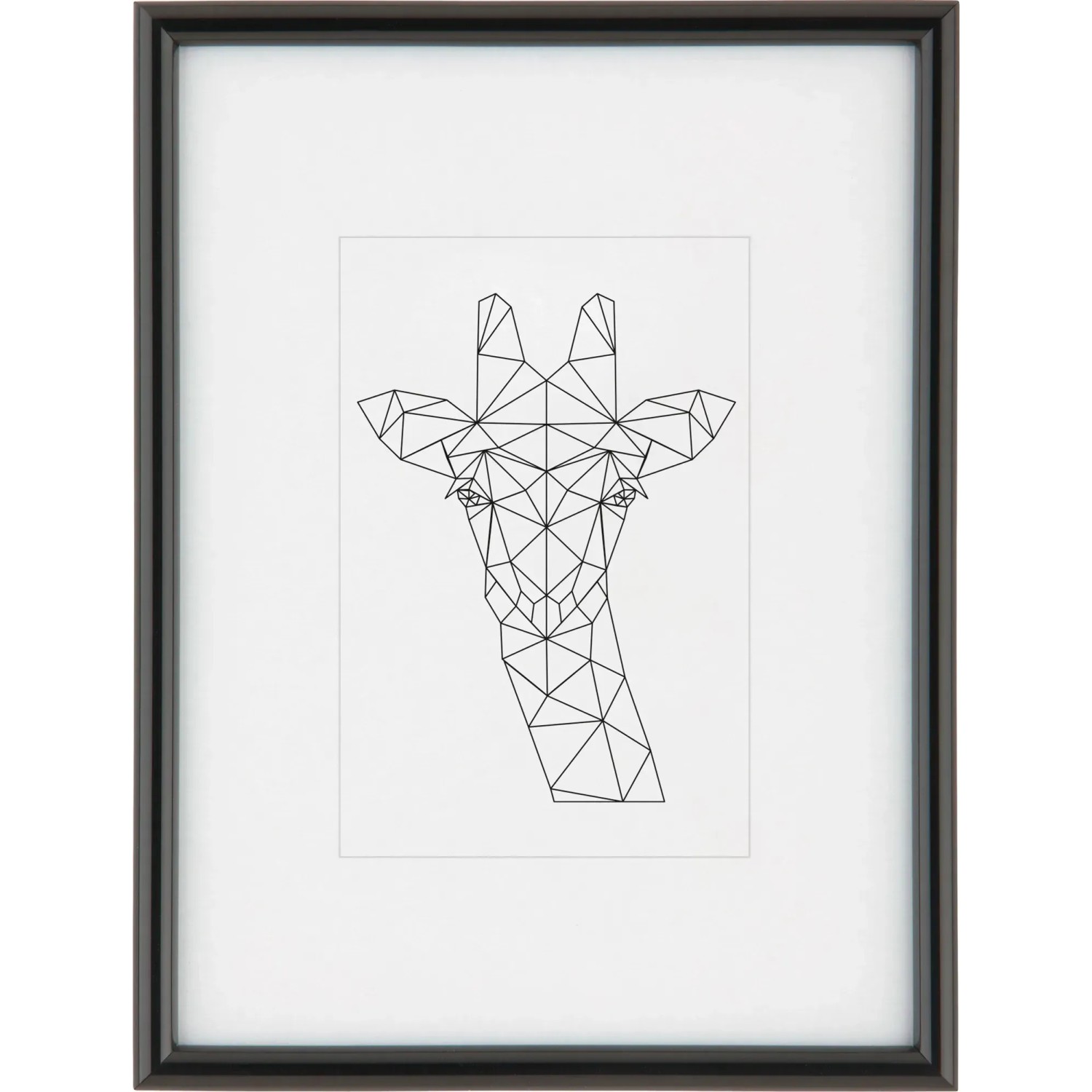 Schwarzer Kunststoff Bilderrahmen (18x24 cm) mit Passepartout und geometrischer Giraffe.