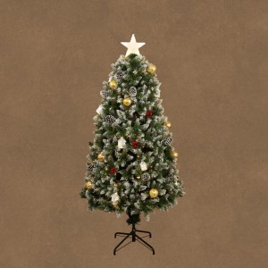Grüner künstlicher Weihnachtsbaum Luca Lighting Elara Fibre Optic, 150 cm, mit Stern, Kugeln, Schnee und warmweißem Licht.