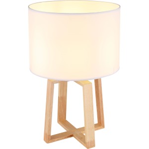Globo Tischlampe Moritz, braunes Holzgestell mit weißem Textilschirm, 44cm hoch.