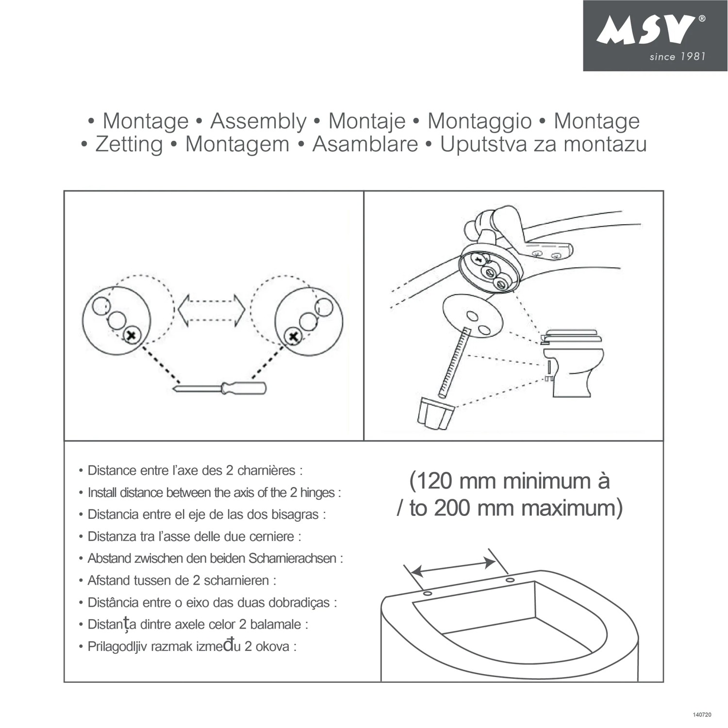 Montageanleitung für MSV WC-Sitz aus MDF, zeigt die Installation der Scharniere und den Abstand.