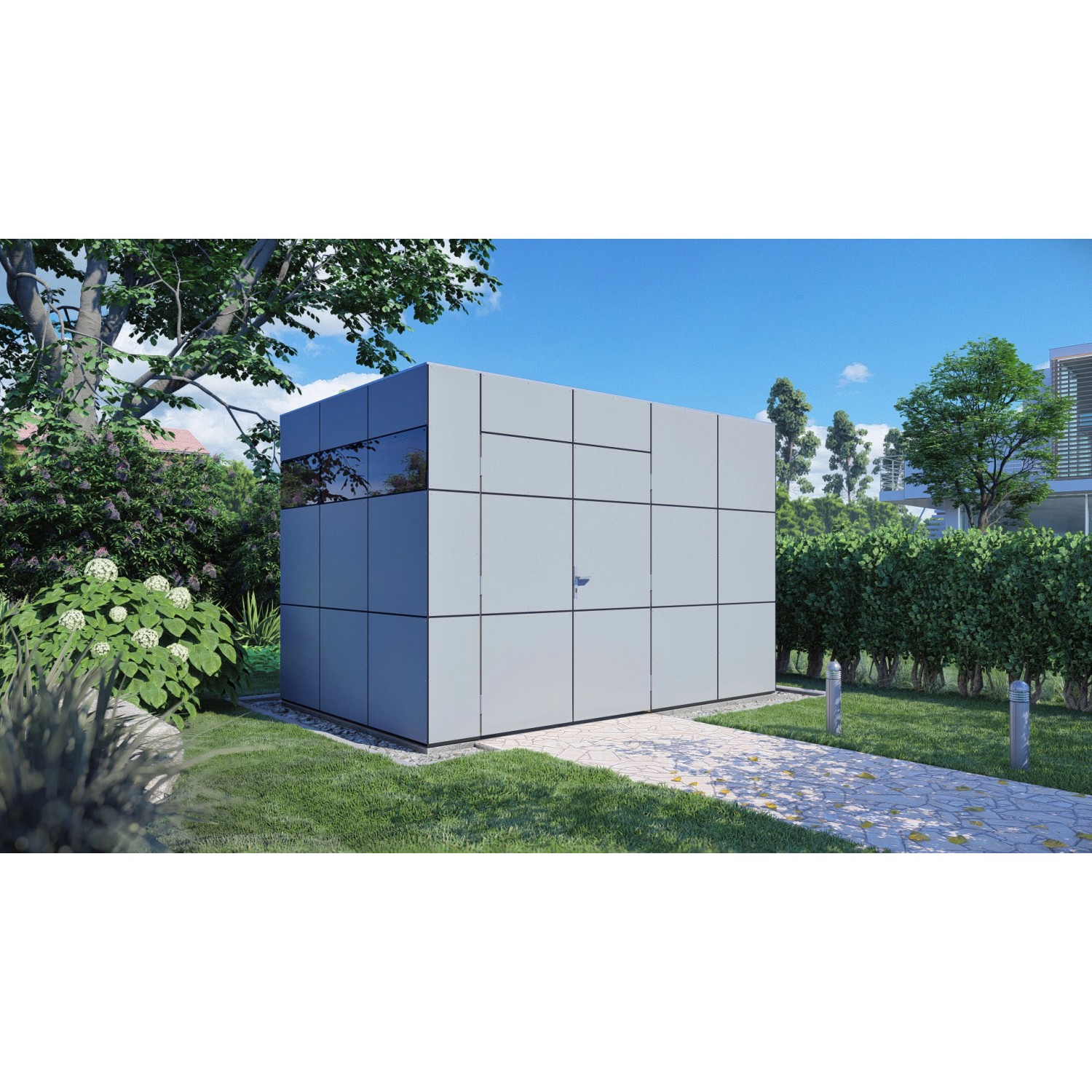 Modernes Bertilo Gartenhaus HPL 2 in Anthrazit-Grau (228x345cm) im Garten.