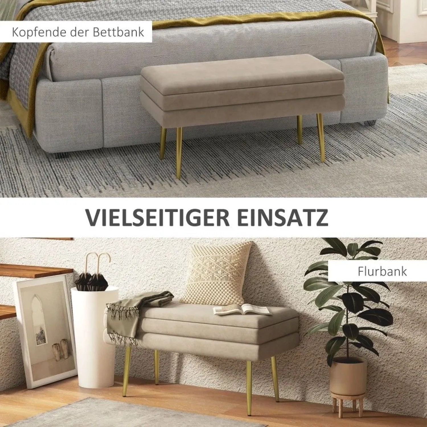Beige HOMCOM Polsterbank in Samtoptik mit Stauraum und goldenen Beinen, vielseitig als Bett- oder Flurbank nutzbar.
