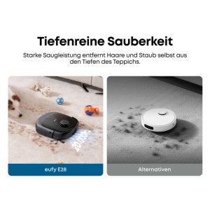 Eufy Saug- & Wischroboter E28 reinigt Teppich mit 20.000 Pa Saugkraft; Vergleich zu anderem Roboter auf schmutzigem Teppich.