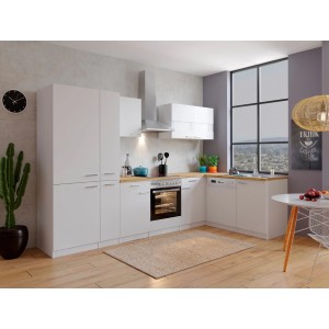 Respekta Winkelküche in Weiß mit Arbeitsplatte in Nussbaum-Optik, inklusive Elektrogeräten.