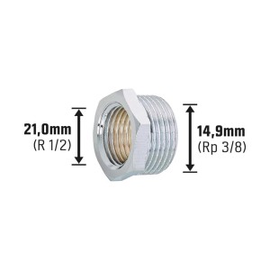 Verchromtes Gewinde-Reduzierstück aus Messing, 14,9 mm auf 21 mm, für Heizung und Trinkwasser.