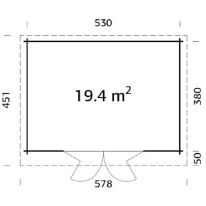Grundriss Palmako Lea Holz-Gartenhaus: 530x380 cm, Pultdach, 19,4 m² Fläche.