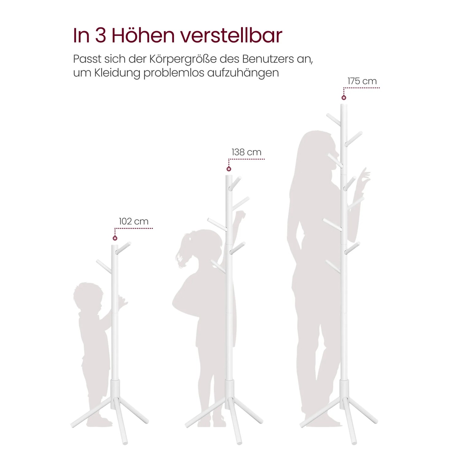 Vasagle Kleiderständer aus Holz, weiß, höhenverstellbar für Kinder und Erwachsene.