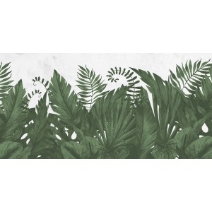 Komar Vliestapete Botanic Harmony mit üppigen, grünen Farnblättern auf weißem Grund.