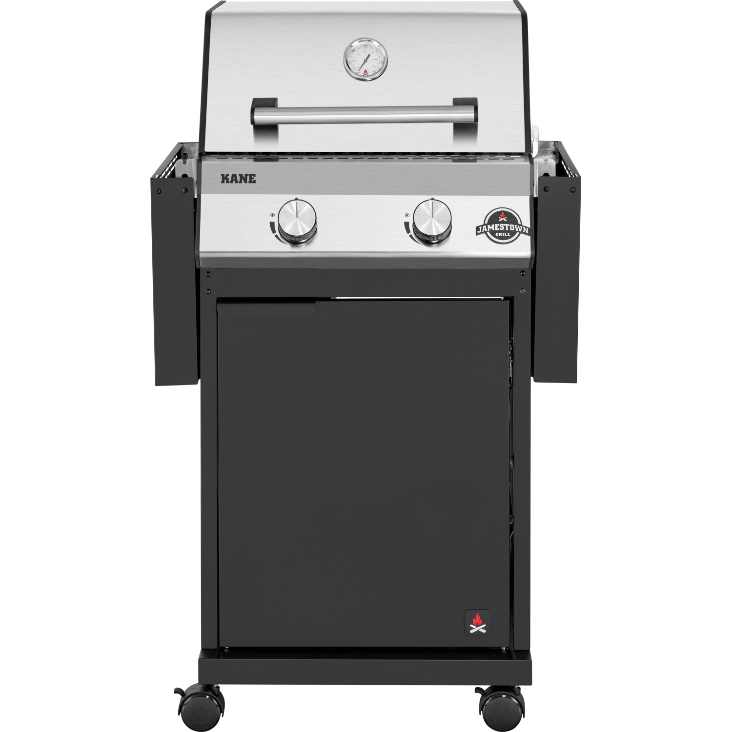 Jamestown Kane Gasgrill mit 2 Brennern, Edelstahlhaube und schwarzem Unterbau.