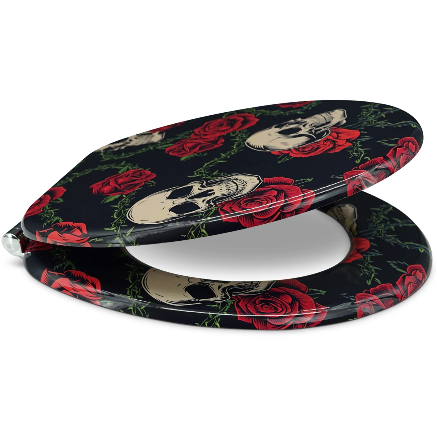 Sanfino WC-Sitz Rose Skull: Toilettendeckel mit Absenkautomatik, Holz, Totenkopf- und Rosen-Design.