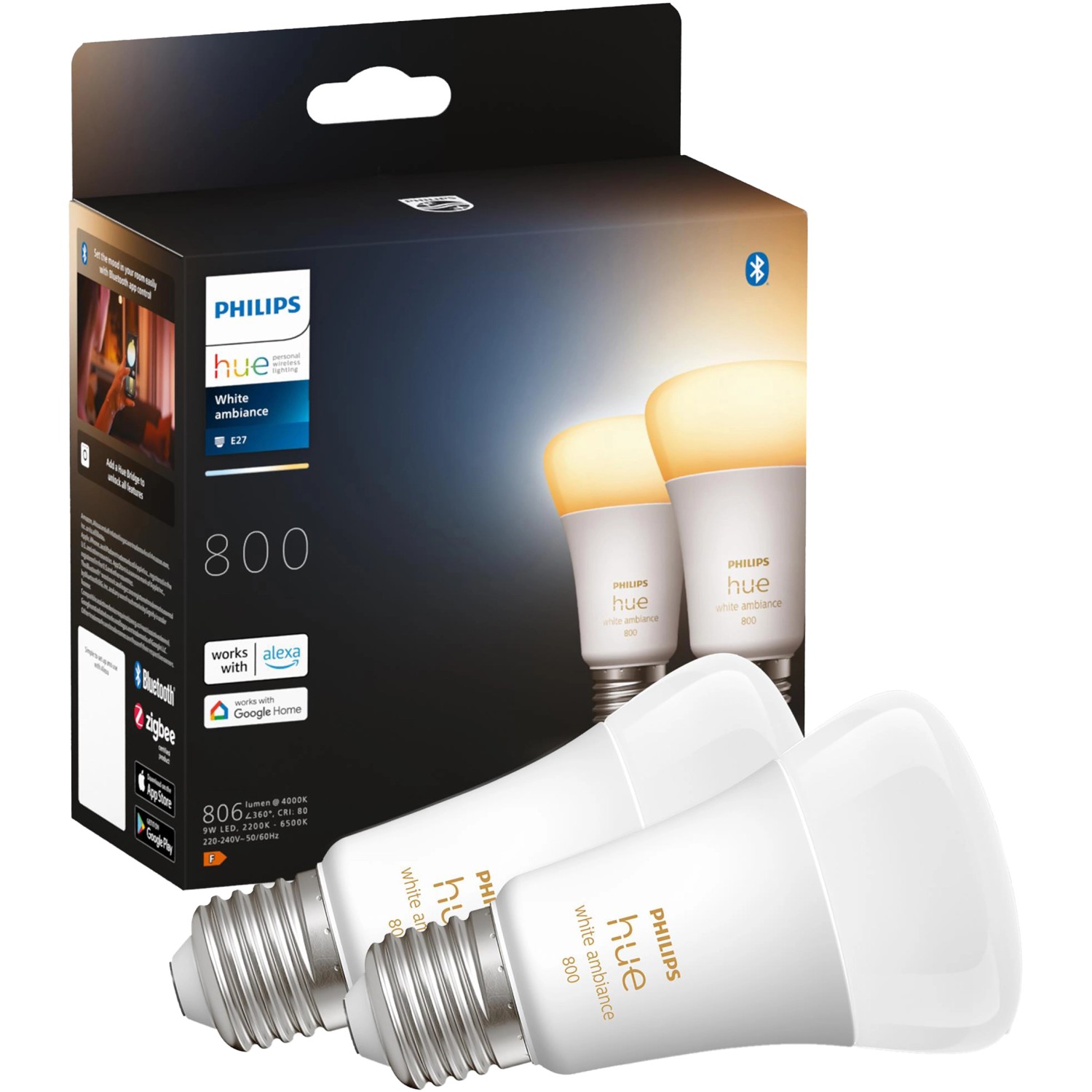 Philips Hue White Ambiance E27 LED-Lampe 2er-Pack, warmweiß bis kaltweiß, dimmbar.