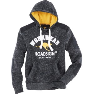 Roadsign Arbeitshoodie in Anthrazit-Gelb, Größe M. Kapuze mit gelber Innenseite, Kängurutasche und schwarze Applikationen.
