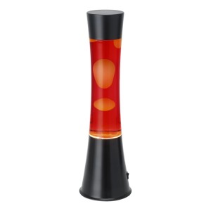 Eglo LED-Lavatischleuchte in Schwarz mit roter Flüssigkeit und weißem Wachs. Moderne zylindrische Form, Lava-Effekt.