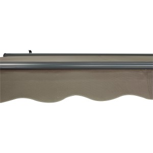 Detailaufnahme der Hülsenmarkise Belport 3x2m in Taupe mit Motor, Markisenstoff und Kassette.