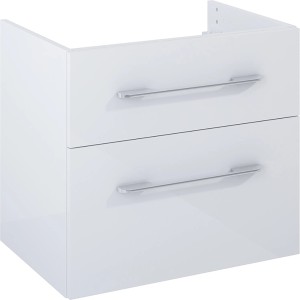 Waschbeckenunterschrank Madrid, 60 cm, Weiß Hochglanz mit zwei Schubladen und Chromgriffen.