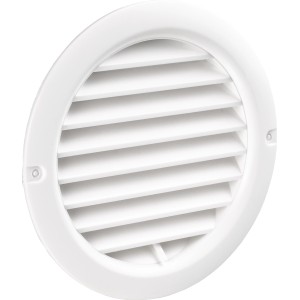 Weißer, runder Mauerlüfter mit Anschlussstutzen System 100 aus Kunststoff.