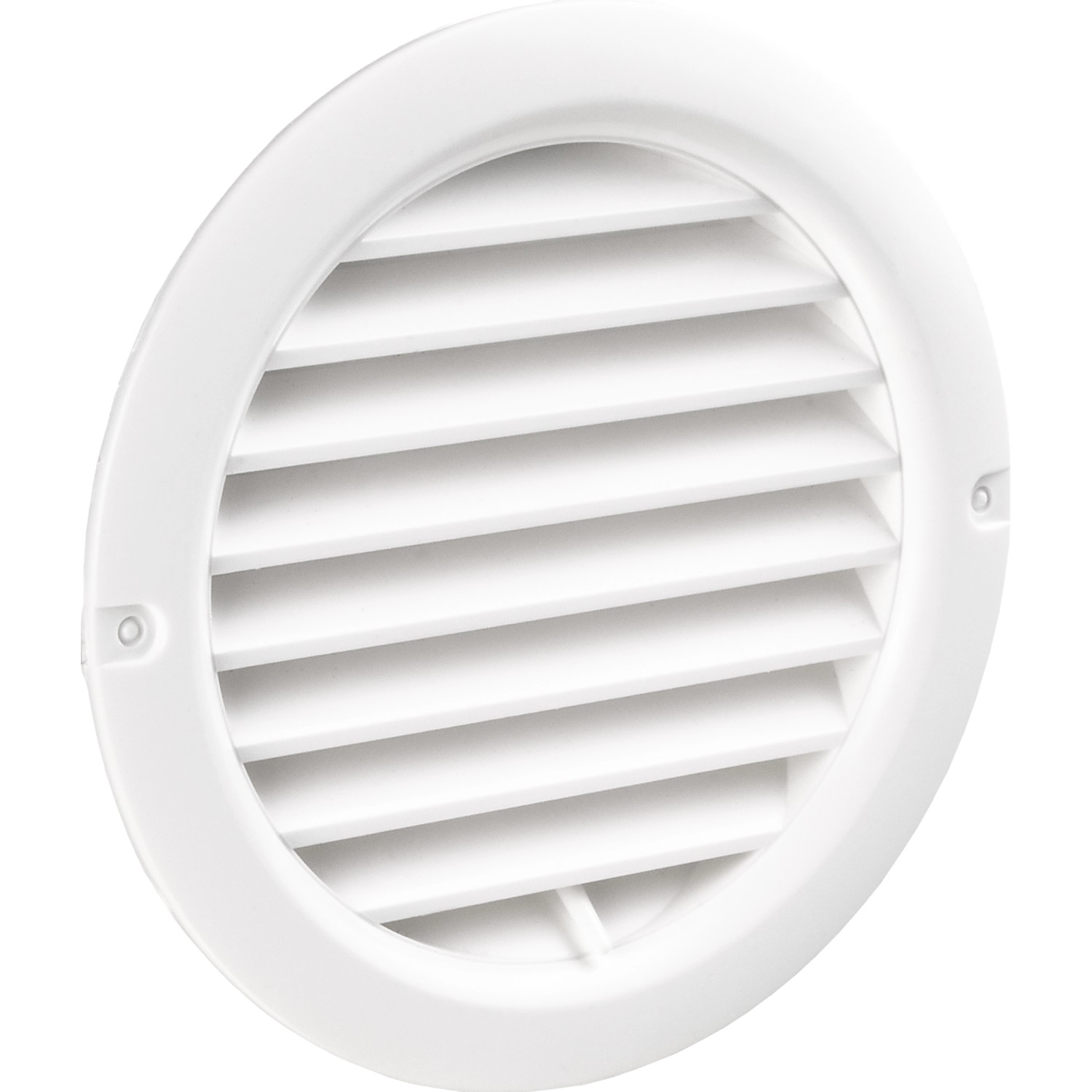 Weißer, runder Mauerlüfter mit Anschlussstutzen System 100 aus Kunststoff.