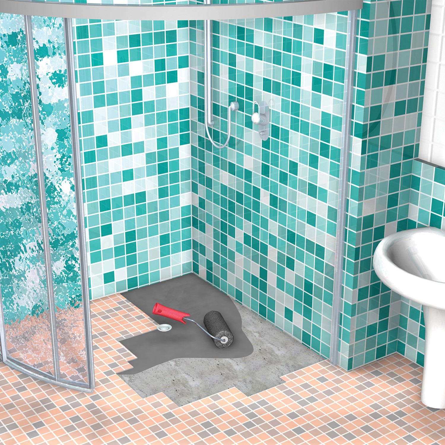 Anwendung von MEM Water Stop Bauabdichtung im Badezimmer mit Rolle aufgetragen.