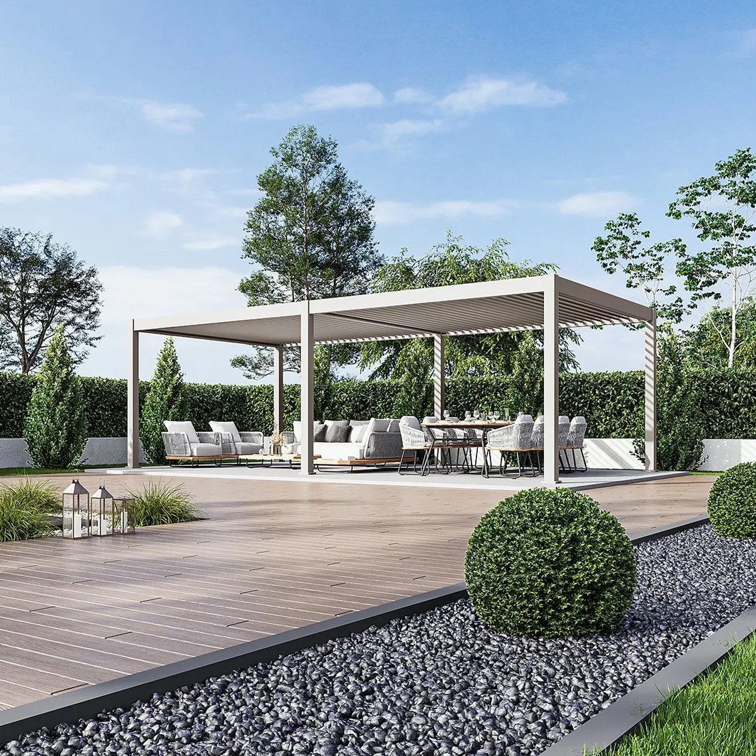 Moderne Weide Deluxe Plus Aluminium-Pergola 4x8m mit elektrischem Lamellendach und LED-Beleuchtung auf Terrasse.