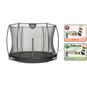 Schwarzes EXIT Silhouette Bodentrampolin (D244cm) mit Sicherheitsnetz und Fußschutzsystem.