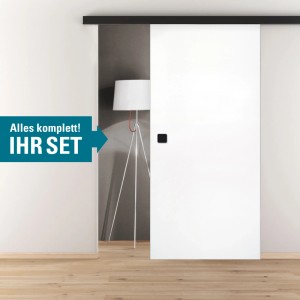 Novadoors Holzschiebetür-Set Ontario Bianco Nero. Weiße Schiebetür mit schwarzer Kante, Griff und Softeinzug.