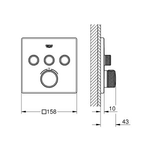 Grohe Grohtherm SmartControl Thermostat, eckig, Chrom, mit Maßen und Wandansicht.