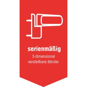 Haustür: Rotes Banner mit Info zu 3D-verstellbaren Bändern.