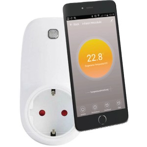 Weißes WiFi Steckdosenthermostat mit Smartphone-App zur Steuerung von Elektroheizungen.