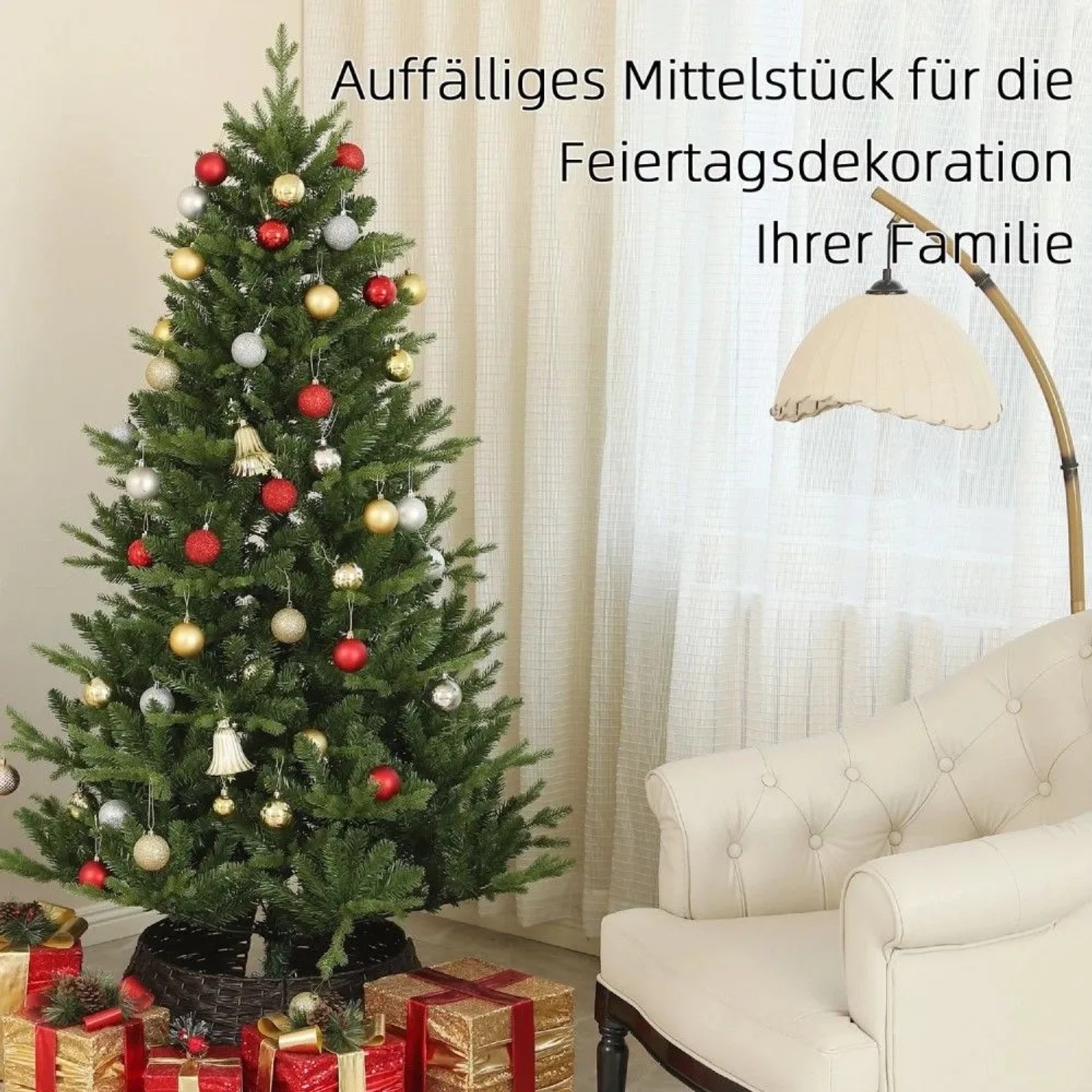 Grüner HOMCOM Weihnachtsbaum, 180 cm, mit roten, goldenen, silbernen Kugeln. Festliche Weihnachtsdekoration.