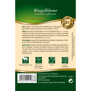 Samentütchen Ringelblume 'Greenheart Orange' mit orangefarbenen Blüten und grünem Herz.