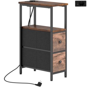 HOMCOM Beistelltisch rustikal-braun mit schwarzem Stahlrahmen, integrierter Steckdosenleiste, USB, 4 Schubladen und Ablage.