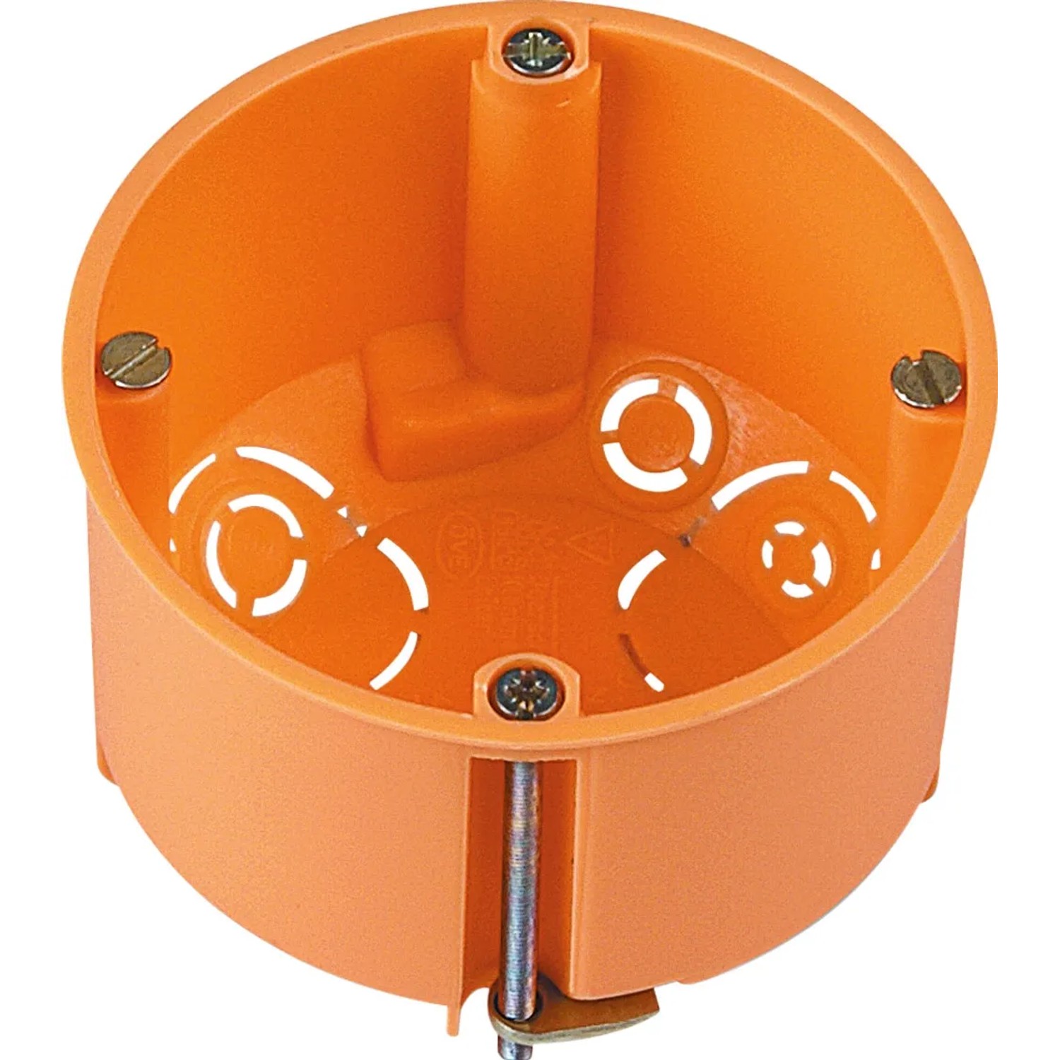 Orange Hohlwanddose Ø 68mm, Tiefe 61mm, mit Spreizkrallen und Ausbrechöffnungen für Kabel.