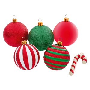Baumschmuck-Set US-Style: Kugeln (rot, grün, gestreift) und Zuckerstange, ideal für den Weihnachtsbaum.