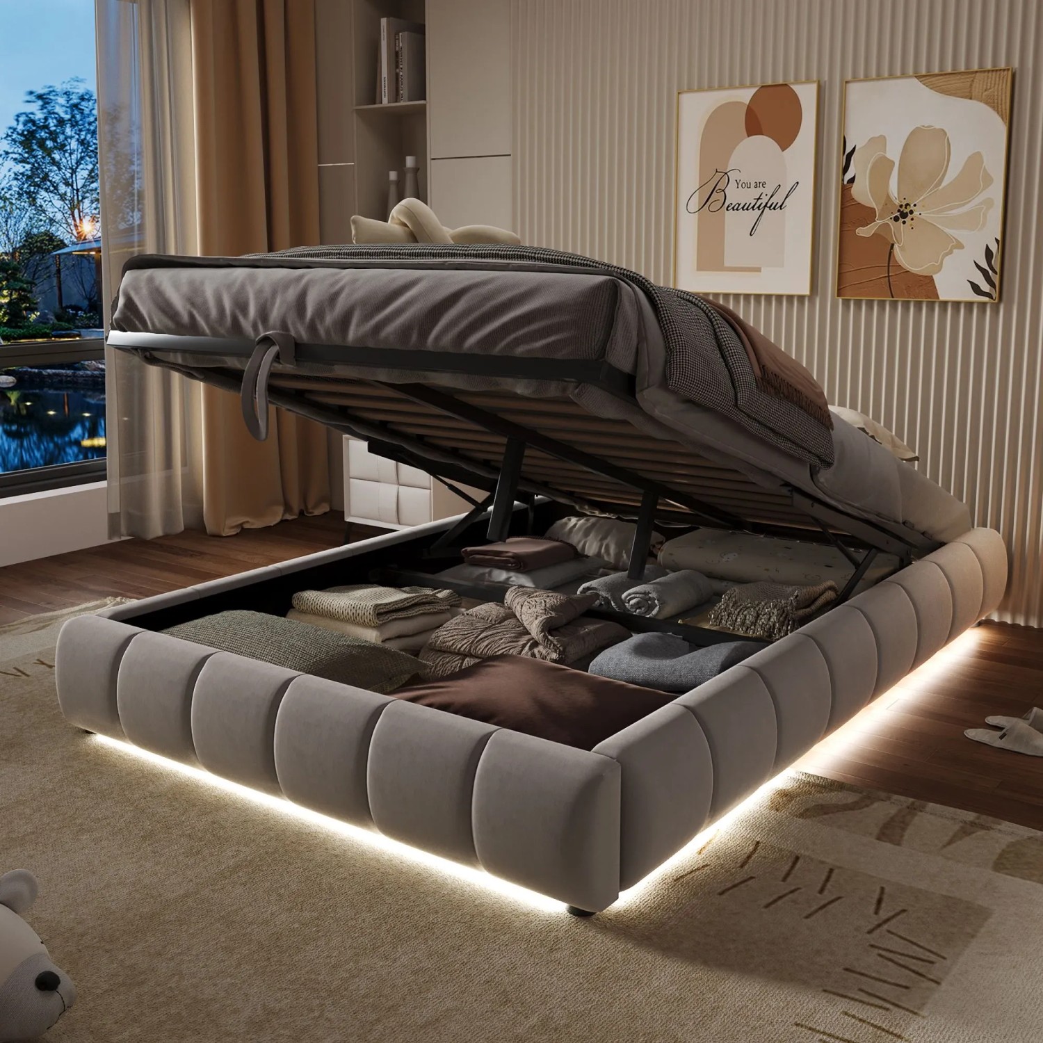 okwish Polsterbett 140x200cm mit LED Beleuchtung und Stauraum Beige ohne Matratze_2