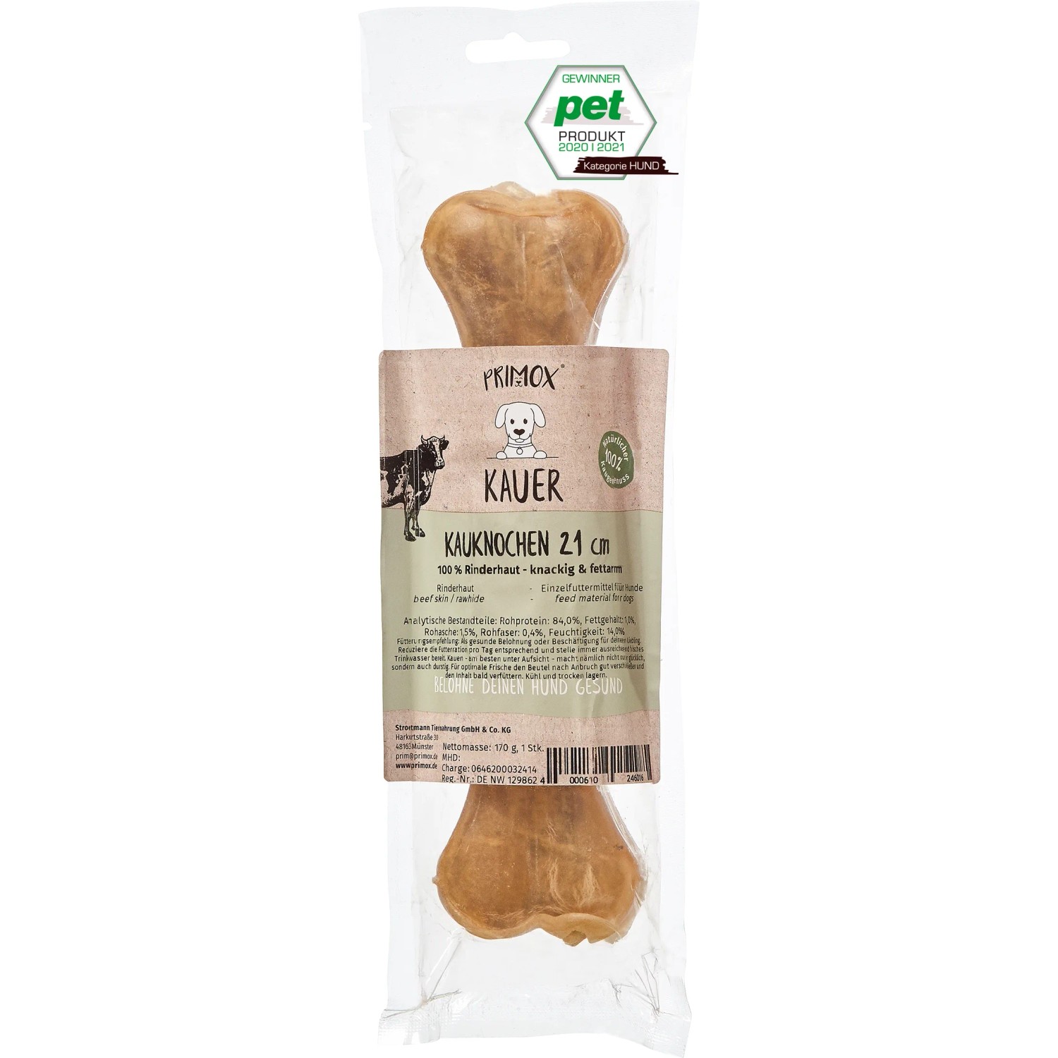 Primox Kauer Kauknochen, 21 cm, aus Rinderhaut für Hunde. Natürlicher Kausnack zur Zahnpflege.