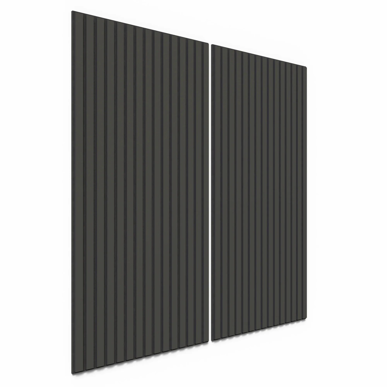 Zwei schwarze Akustikpaneele Lino Iron (60x120cm) mit MDF-Leisten und Filz für Wand und Decke.