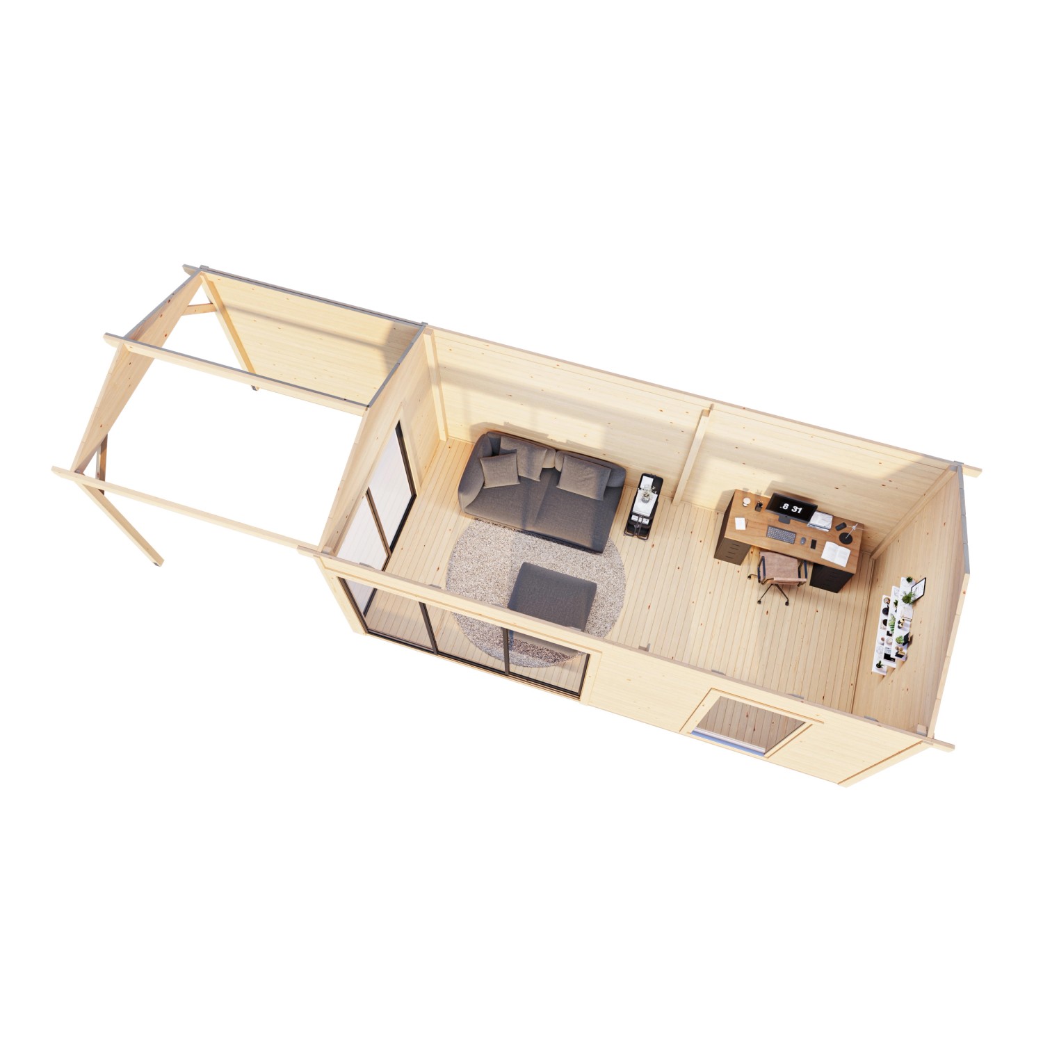 Grundriss Palmako Gartenhaus Amanda Slide mit Freisitz, naturbelassenem Holz und Schiebetüren.