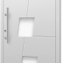 Weiße Aluminium Haustür Moderno M550/P mit Edelstahlgriff und quadratischen Glaseinsätzen.