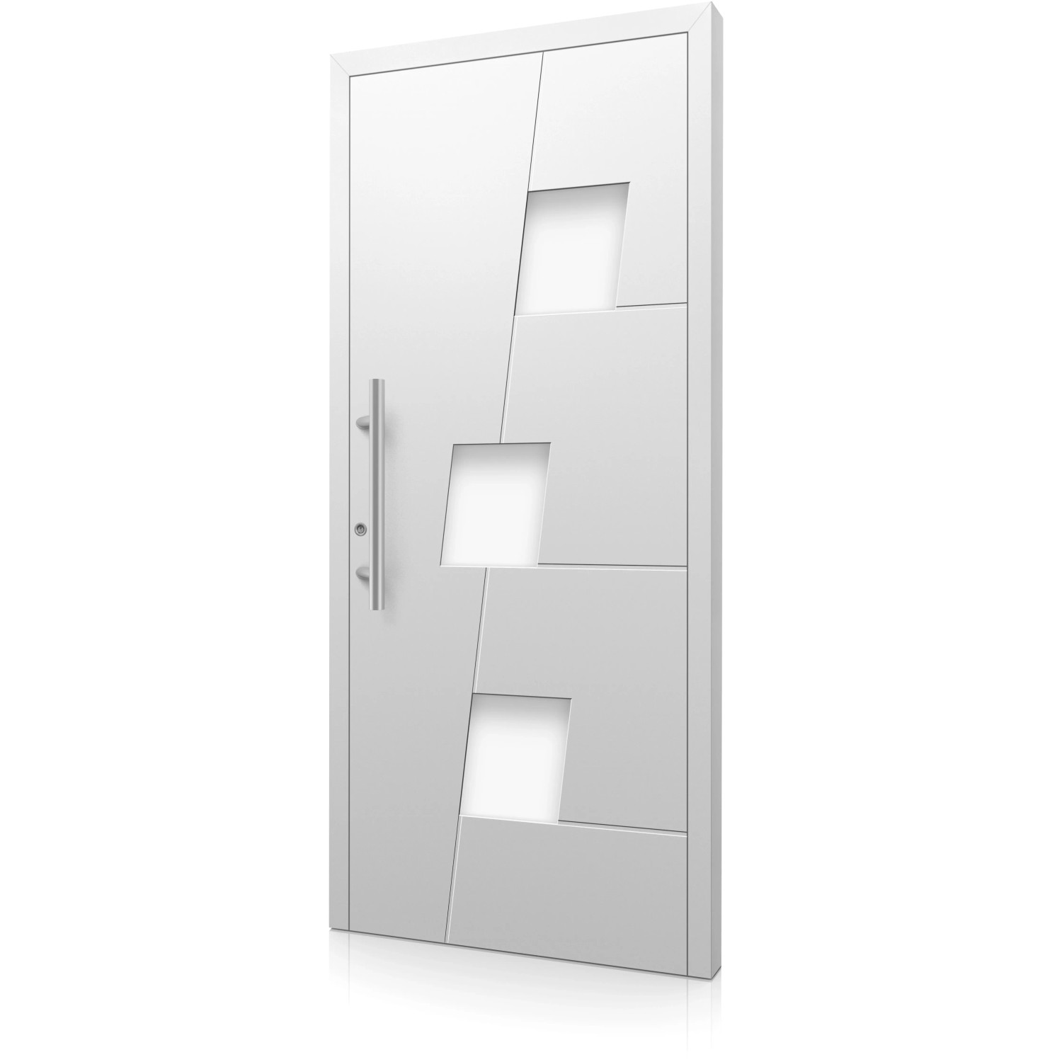 Weiße Aluminium Haustür Moderno M550/P mit Edelstahlgriff und quadratischen Glaseinsätzen.