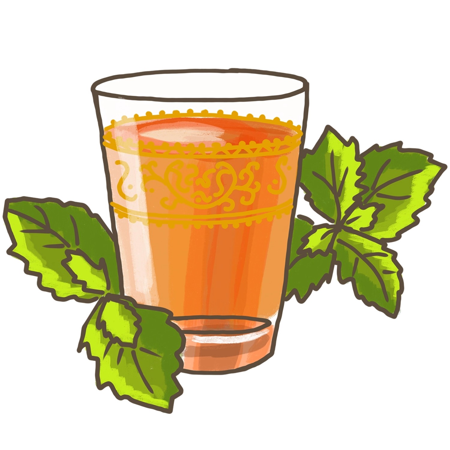 Illustration: Glas marokkanischer Minztee mit frischer Minze. Küchenkräuter für Tee.