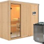 Karibu Sauna Gunda mit Bio-Ofen und Steuerung, Massivholz/Element-Sauna mit Glastür und Bänken.