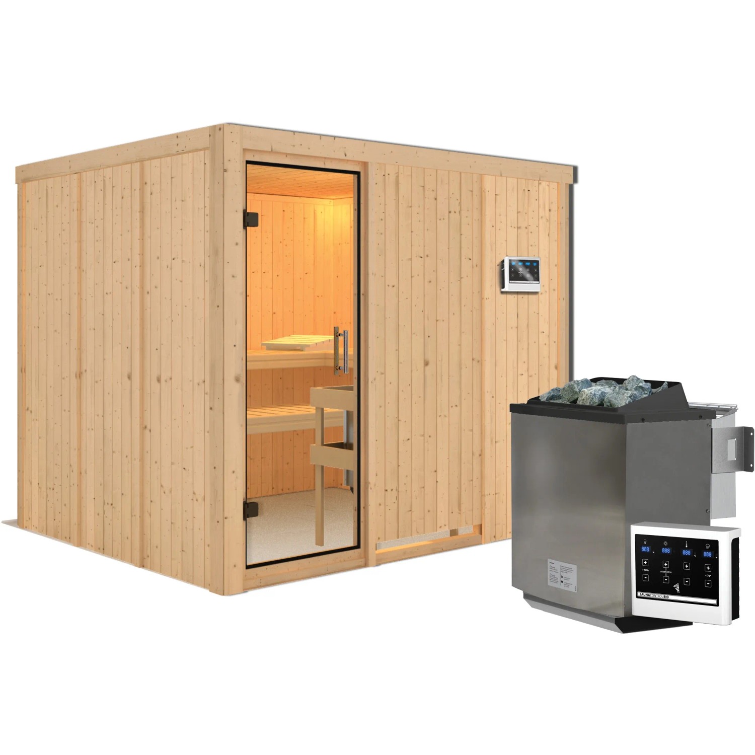 Karibu Sauna Gunda mit Bio-Ofen und Steuerung, Massivholz/Element-Sauna mit Glastür und Bänken.