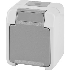 Merten AQUASTAR SCHUKO-Steckdose für Feuchträume, Aufputz, mit Klappdeckel in Grau und Weiß.
