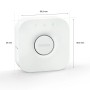 Weiße Philips Hue Bridge mit Maßangaben zur Steuerung von Hue Leuchten.