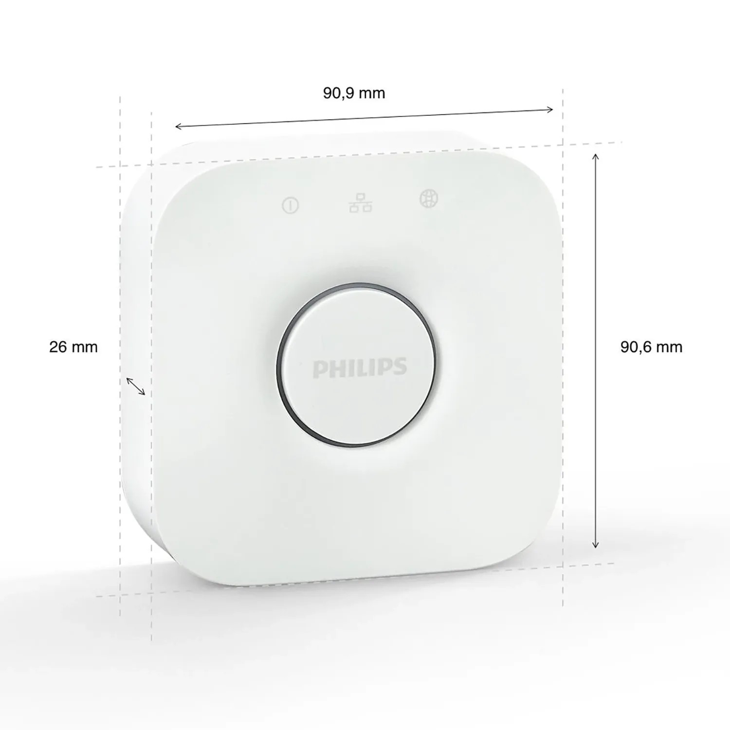Weiße Philips Hue Bridge mit Maßangaben zur Steuerung von Hue Leuchten.