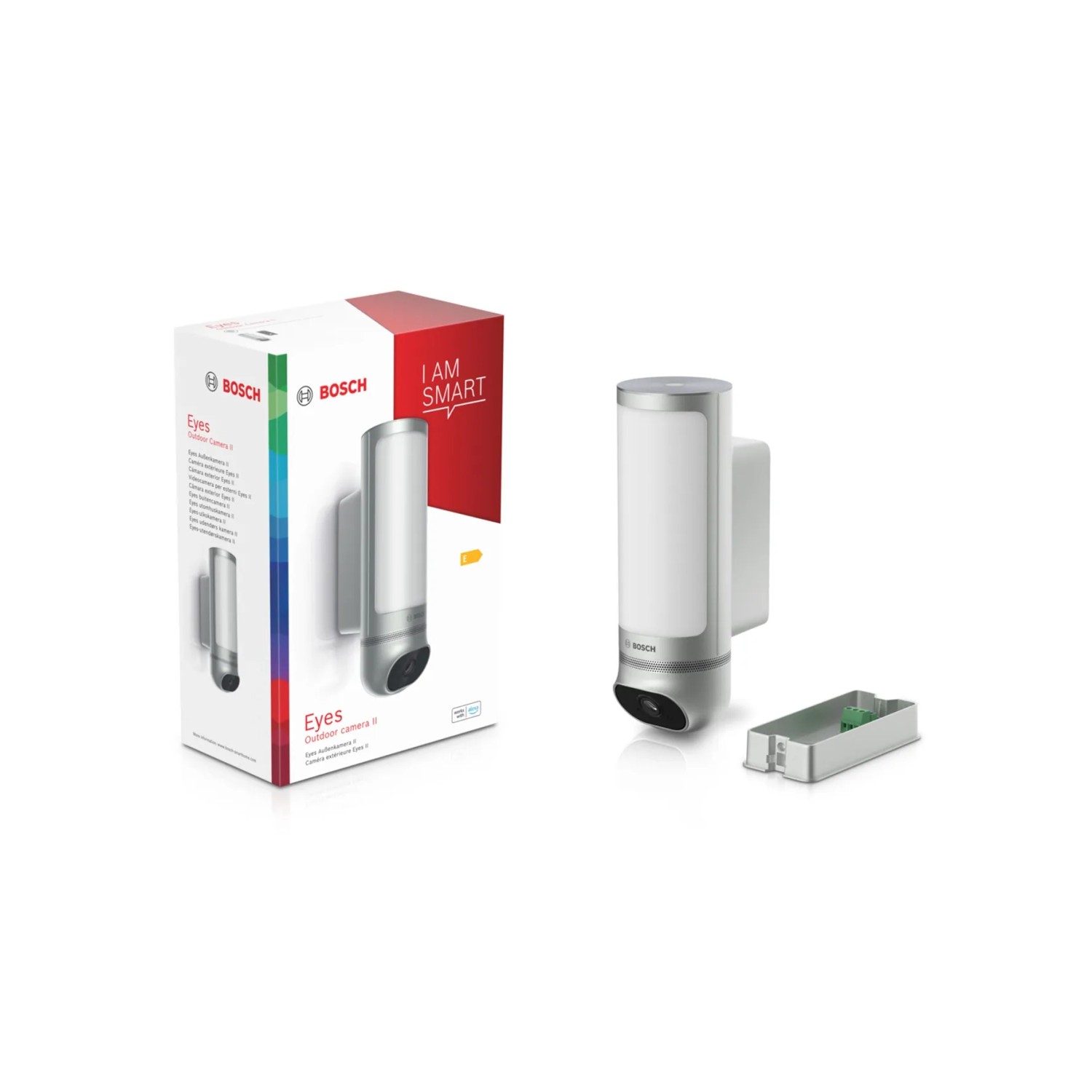 Bosch Eyes II Außenkamera Smart Home in Silber mit Verpackung und Zubehör.