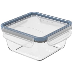 Rotho Kühlschrankdose Clic & Lock Glas, 0,75l, Horizontblau. Quadratische Vorratsdose aus Glas mit blauem Deckel.