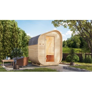 Karibu Fasssauna-Set Asymmetrisch Naturbelassen mit Ofen 9 kW Integr. Strg.