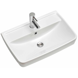 Weißes Pelipal Aufsatzwaschbecken Quickset 357, 60 cm, mit Armatur. Rechteckige Form mit abgerundeten Kanten.